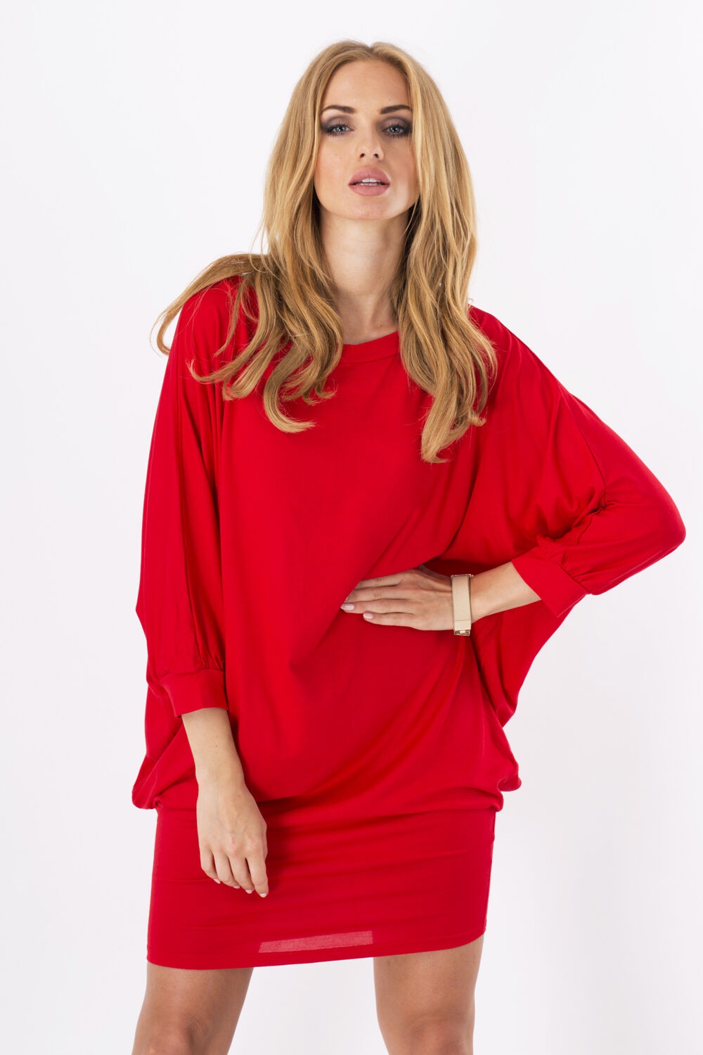 Womens Mini Dress Batwing Boat Neck Long Sleeve Tunic Shift Dress Red-S